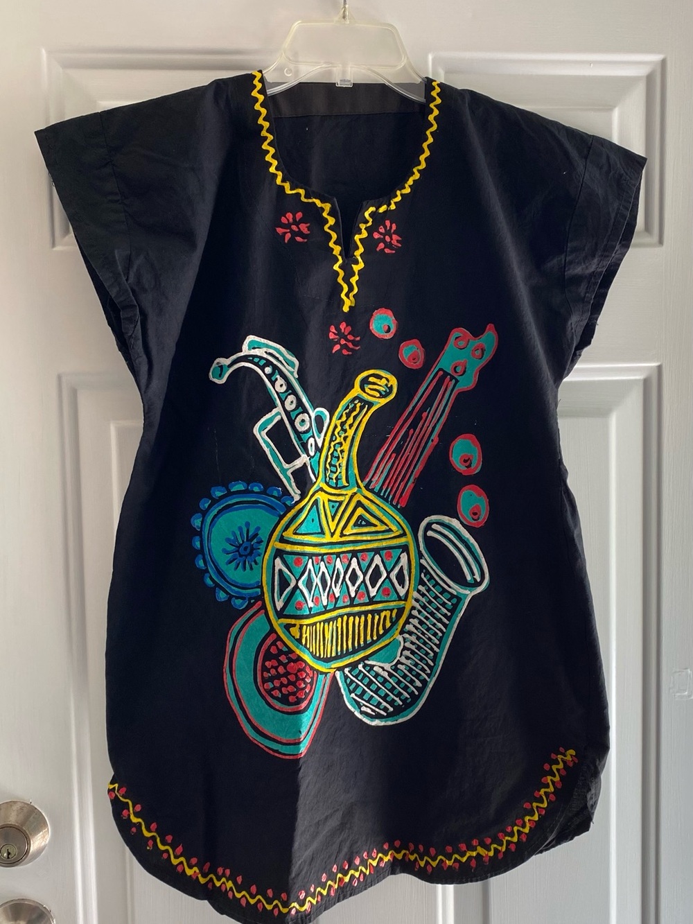 Black Tunic with Colorful Ethnic Instrument Motif